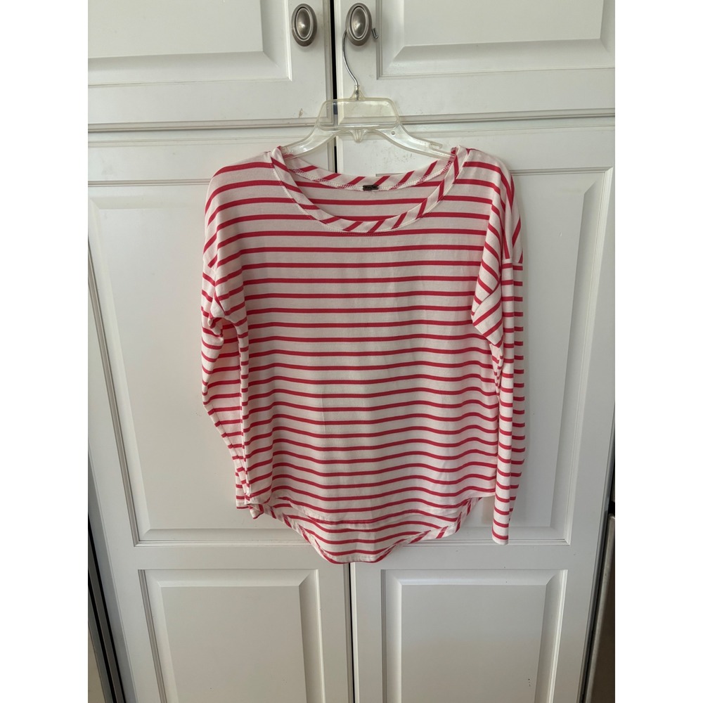 Poof Womens Red White Striped Long Sleeve Top Curved Hem Crew Neck Medium 121693